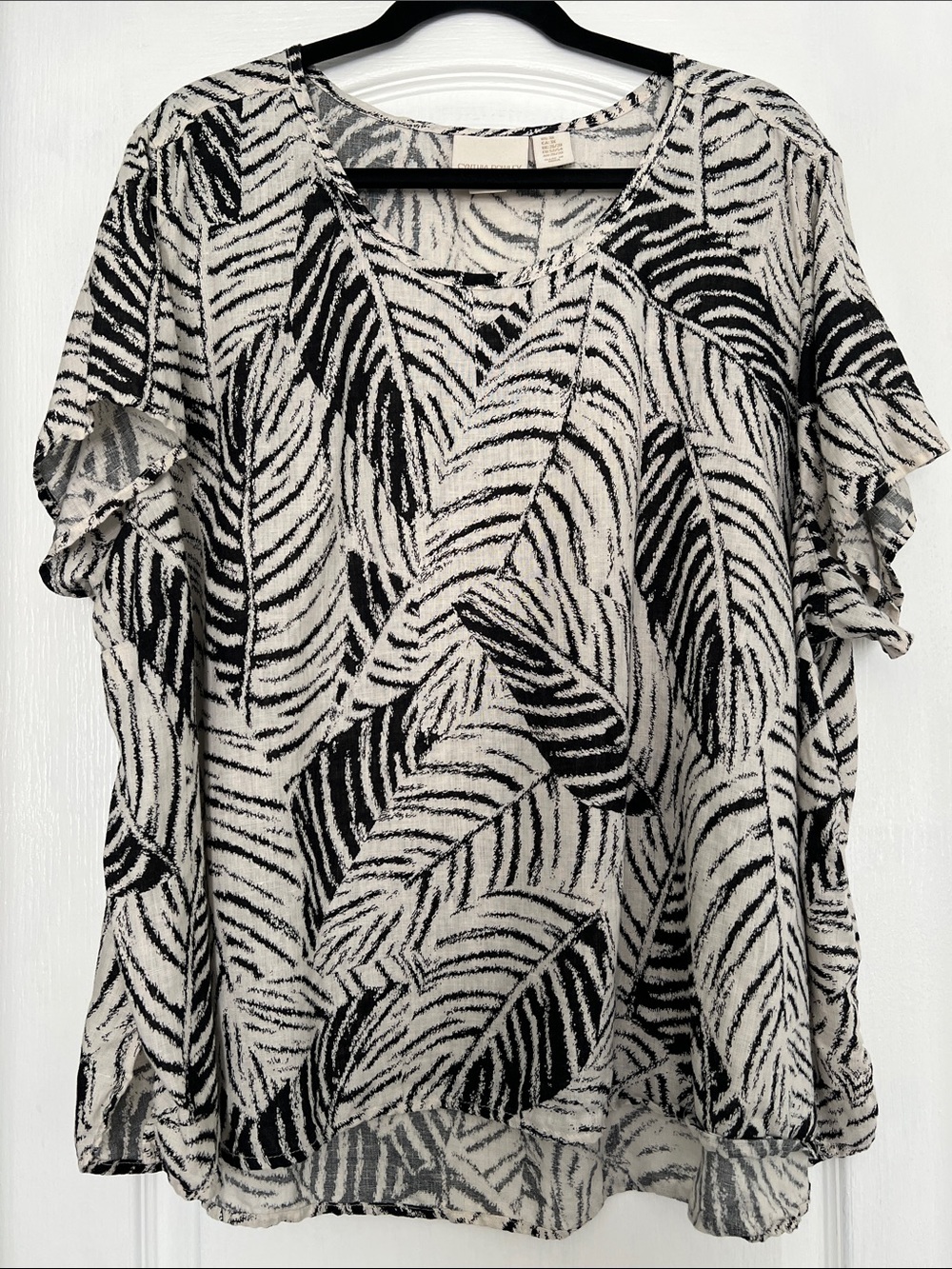 Cynthia Rowley 100% Linen Blouse Women’s 3X Black White Leaf Print Tie Sleeve